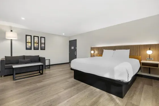 Hotel room with a bed and a couch