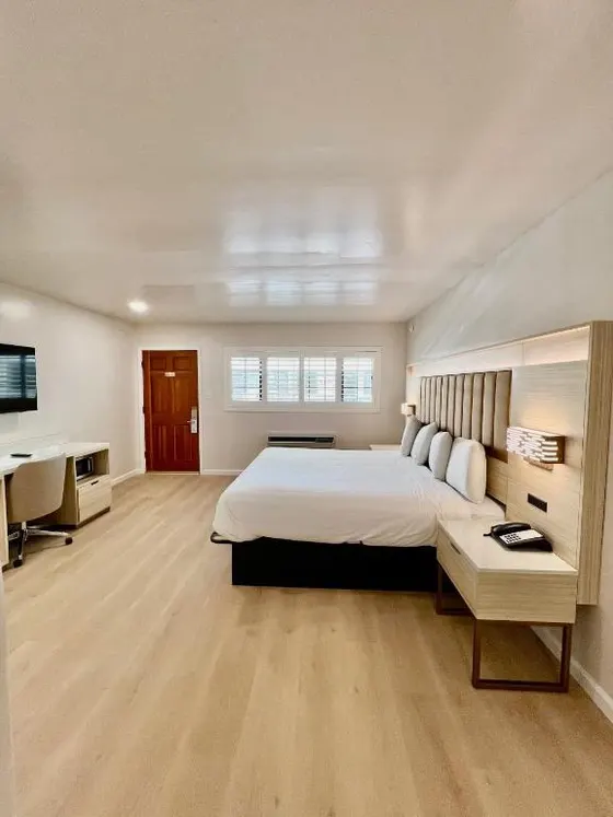 Large bedroom with a large bed and a desk