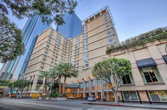 Building with palm trees in front of tall buildings