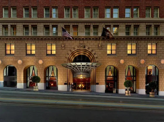 Large building with an American flag in front of it