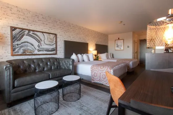 Hotel room with a bed and a couch