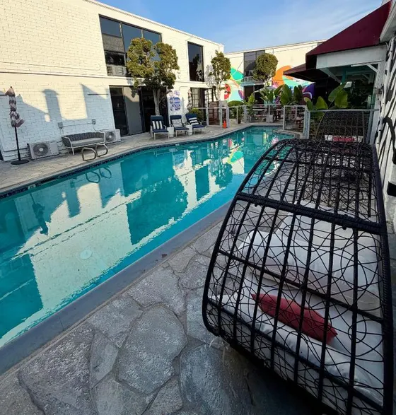 Bird cage sitting next to a swimming pool