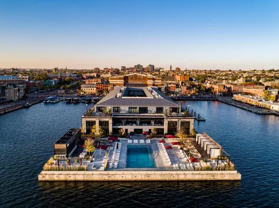 Aerial view of a house in the water