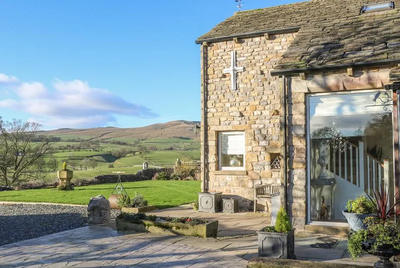 Flatt House Barn stone barn with Yorkshire Dales panorama