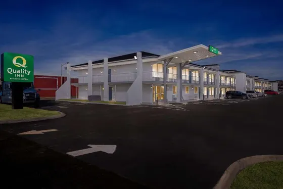 Empty parking lot in front of a building