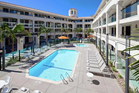 Overhead view of a swimming pool in an apartment building