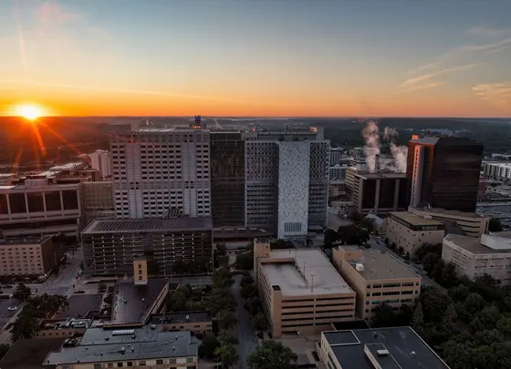 Rochester skyline and Mayo Clinic buildings at sunrise