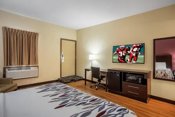 Hotel room with a large bed and a tv
