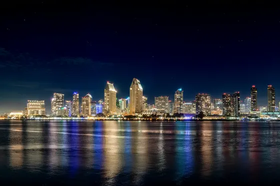 San Diego skyline reflected across the bay at night
