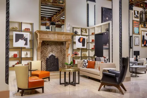 Living room with a fireplace and furniture