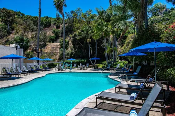 Swimming pool with chairs and umbrellas