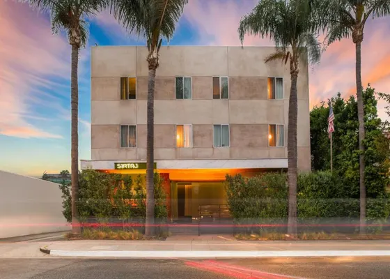Building with palm trees in front of it