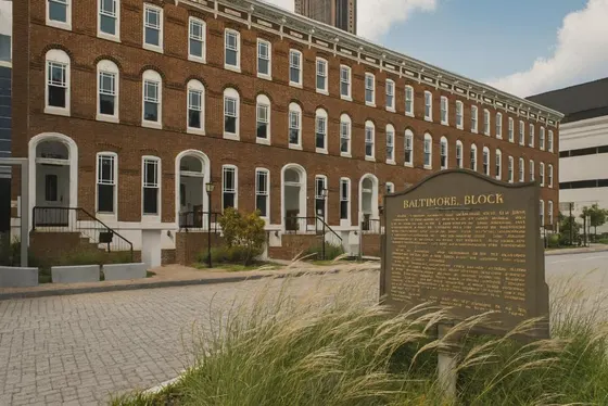 Historic red-brick row building with arched windows and a Baltimore Block marker