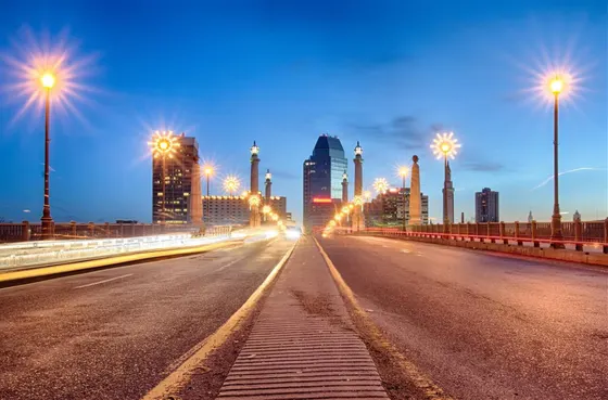 Springfield skyline and Memorial Bridge streetlights at blue hour