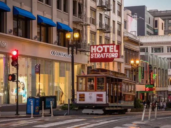 Trolley car on a street in a city