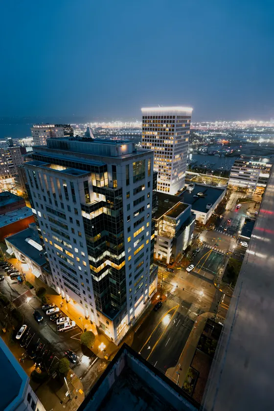 Downtown Tacoma and port lights seen from above at night