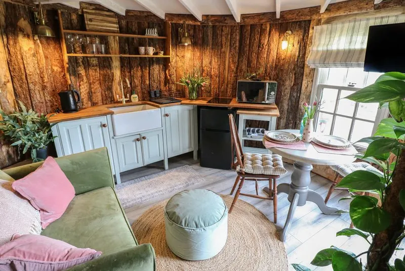 The Lazy Squire open-plan living with raw wood walls and green velvet sofa