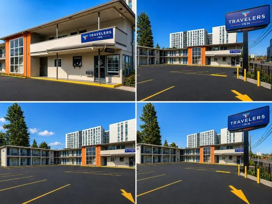 Four different views of a hotel with a parking lot