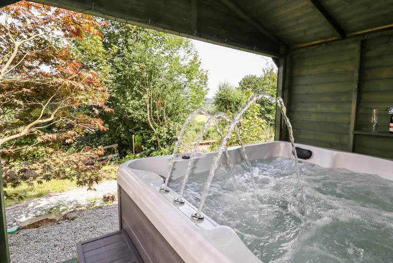 Trem Y Don covered hot tub framed by woodland garden