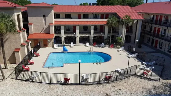 Overhead view of a swimming pool at a hotel