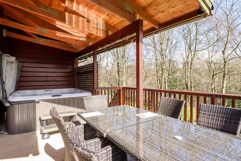 Watersview Lodge covered deck with hot tub and woodland backdrop