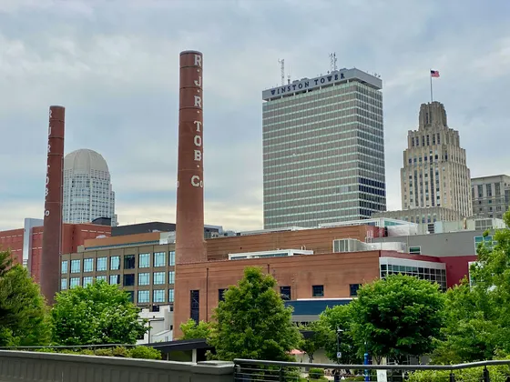 Winston-Salem skyline and old tobacco factory smokestacks