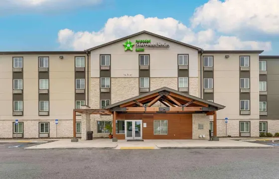 Rendering of a hotel with the front of the building